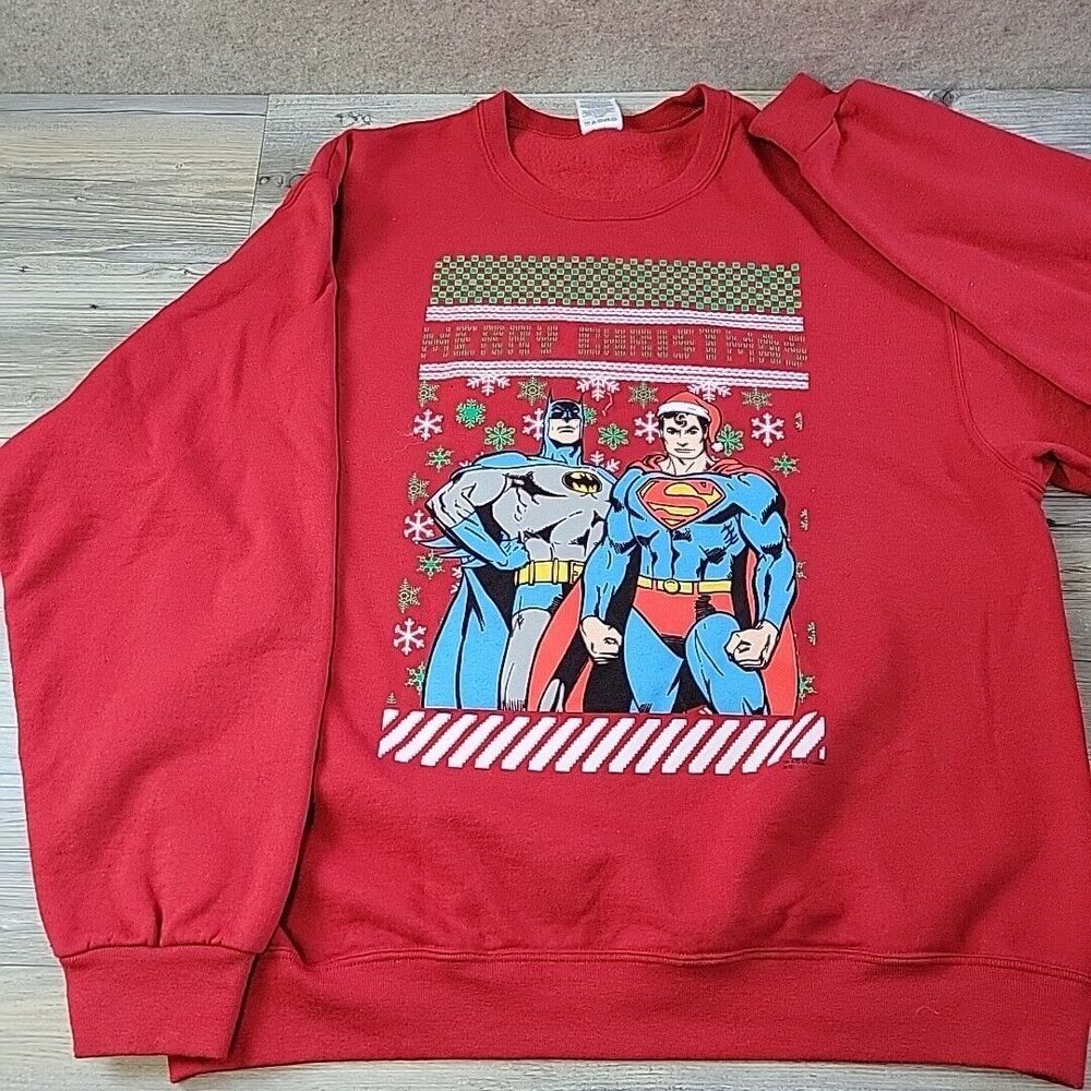 Vintage Jerzees NuBlend Superman Batman Christmas Sweatshirt Mens Large Red‎ DC